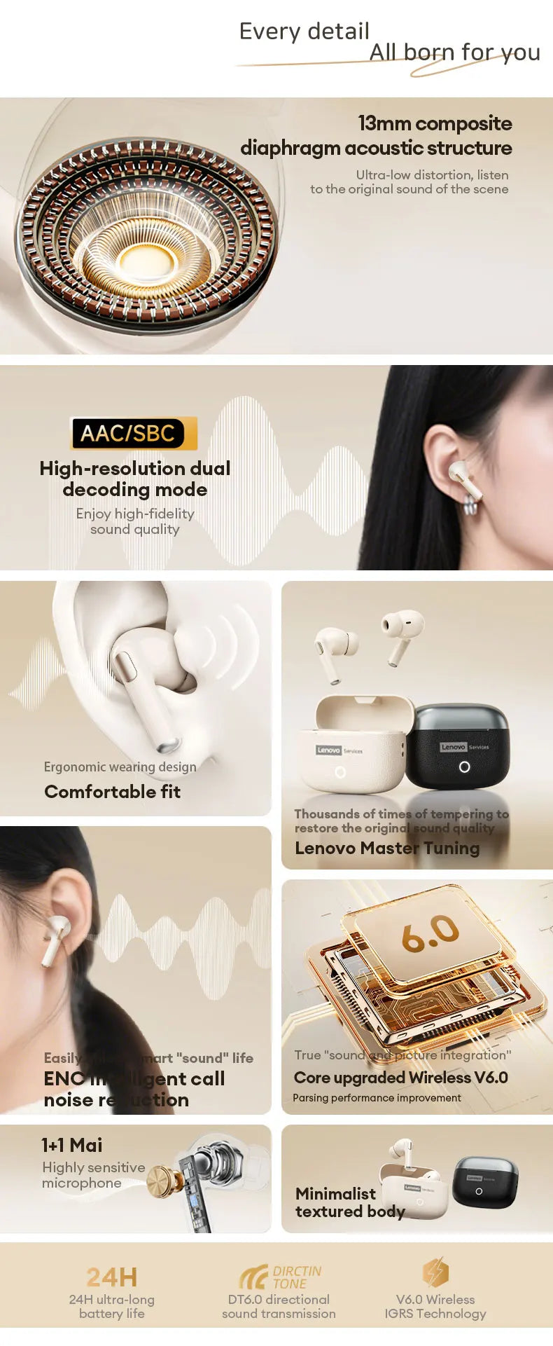 Choice Lenovo Gaming Earphones Wireless Bluetooth 6.0 Headphones Leather Texture Business Headset HD Calling ANC Noise LE221