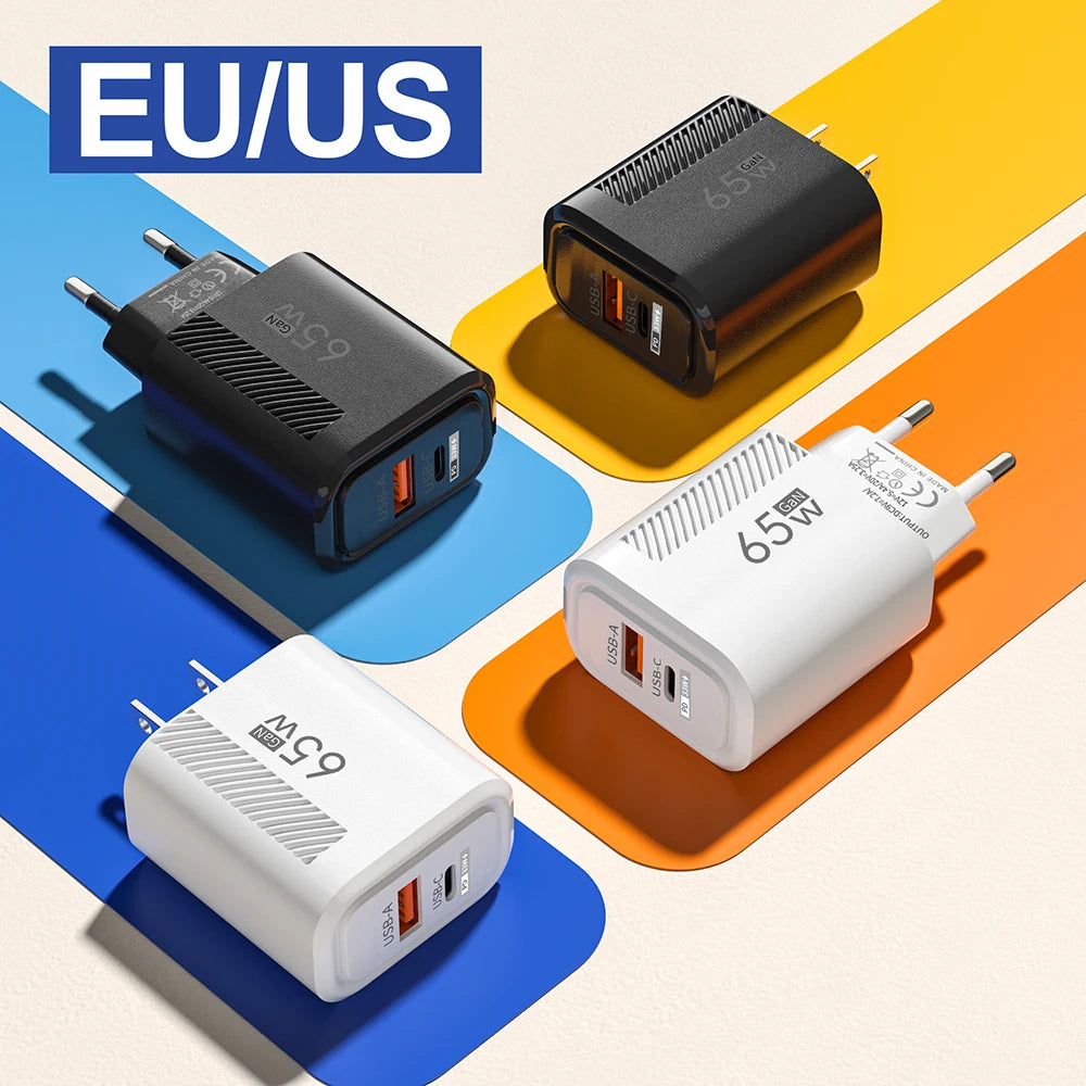 65W GaN Fast Charging USB Type C Charger US EU Plug PD 3.0 Quick Charge Travel Wall Charger For Phone Adapter For iPhone Samsung