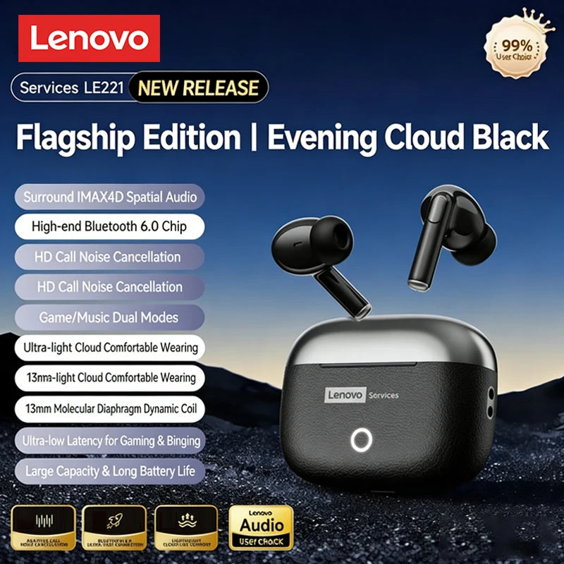 Choice Lenovo Gaming Earphones Wireless Bluetooth 6.0 Headphones Leather Texture Business Headset HD Calling ANC Noise LE221